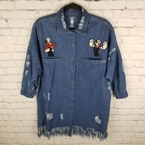 ONLY | Popeye Olive Oyl distressed denim button up shirt